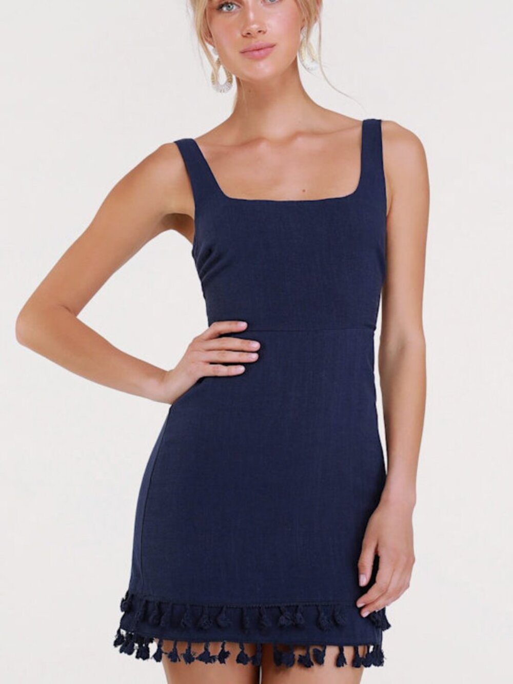 Lulus Feel The Sunshine Navy Blue Tassel Mini Dress - Size L